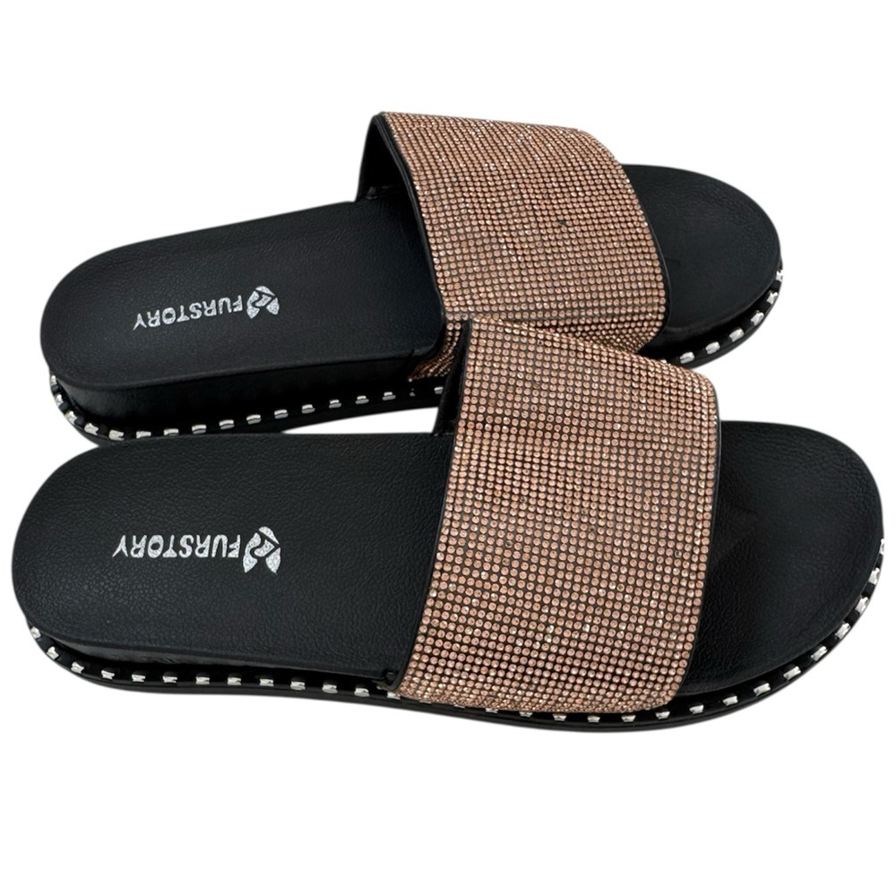 Fur Story Women's Slides Rise Gold Rhinestone Platform Sandals Slippers Size 10
